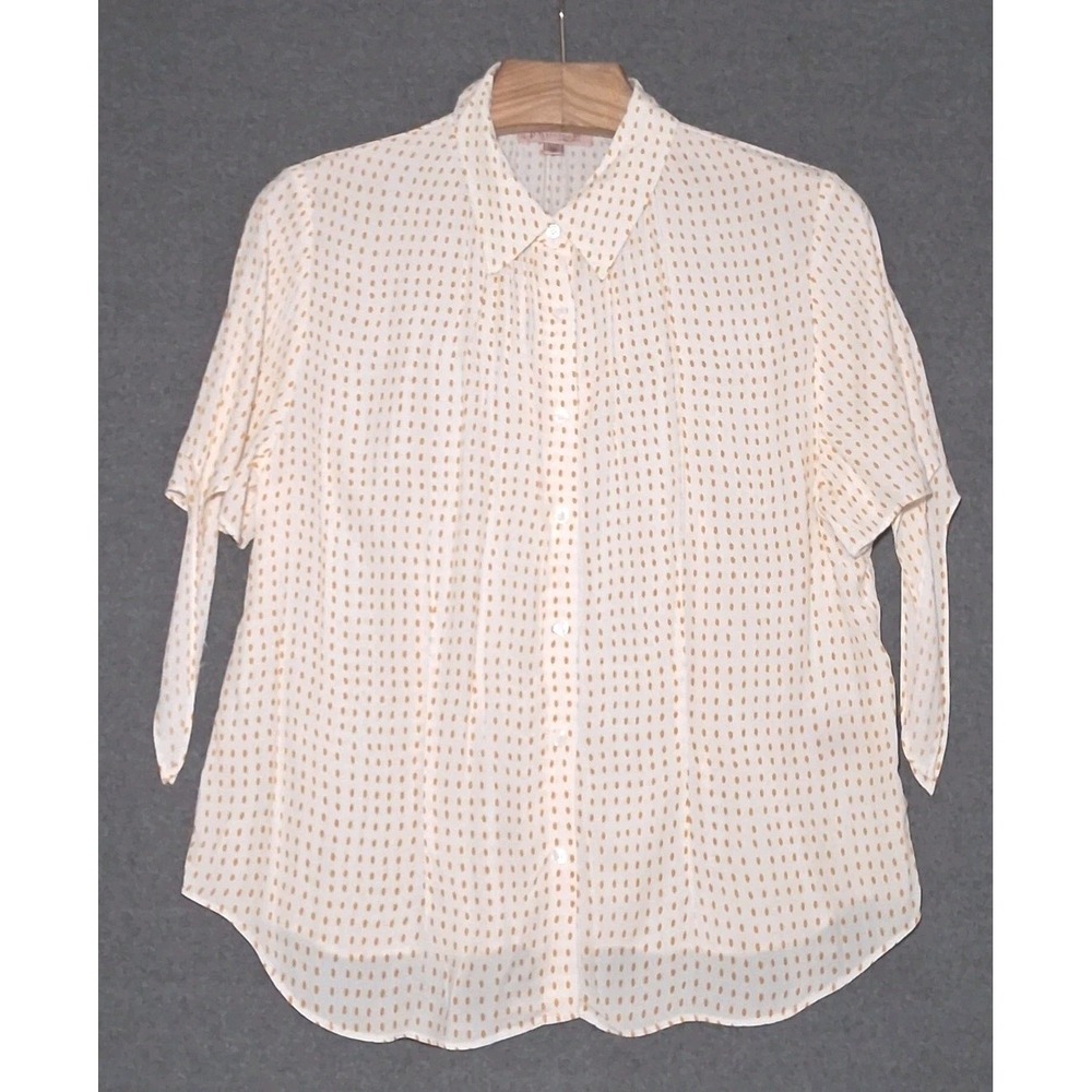 Philosophy Womens Top XL/TG Button Up Polka Dot Ivory Yellow Short Sleeve Ribbon